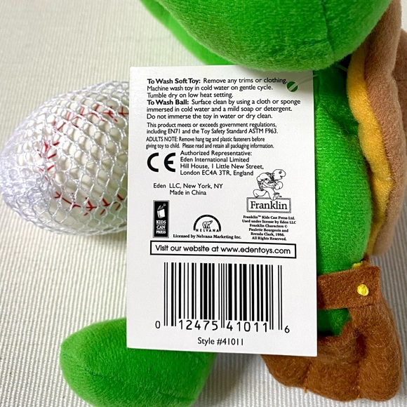 VINTAGE EDEN FRANKLIN THE TURTLE PLAYS BASEBALL PLUSH STUFFED TOY 8.5” NWT - Picture 16 of 16